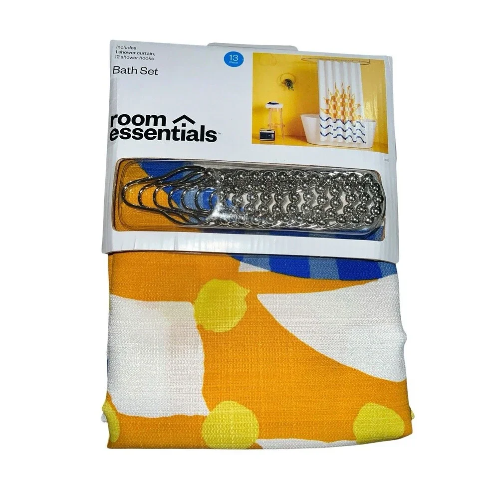 Room Essentials 72” x 72” Shower Curtain 12 Shower Hooks Orange Blue White Ylw